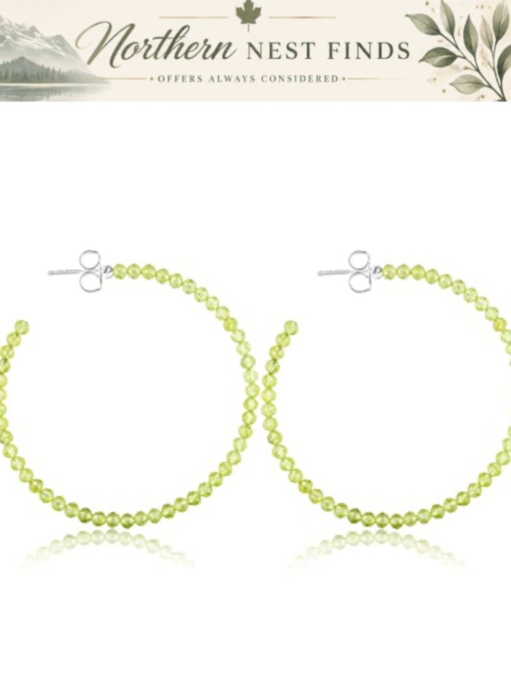 Peridot Hoop Earrings Beaded Silver Plated Brass Gemstone